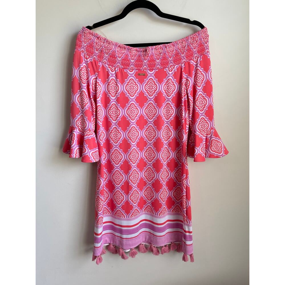 Cabana Life Coral Geo Off Shoulder Coverlux Smocked Mini Dress Pink Womens S NWT - Picture 10 of 13